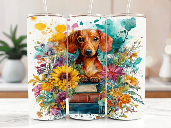 Dachshund Puppy Flowers Watercolor Graphics for Tumbler Wraps
